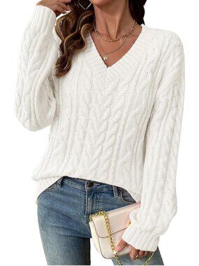 Women's White Lightweight V Neck Cable Knit Sweater Fall Outfits Sweaters